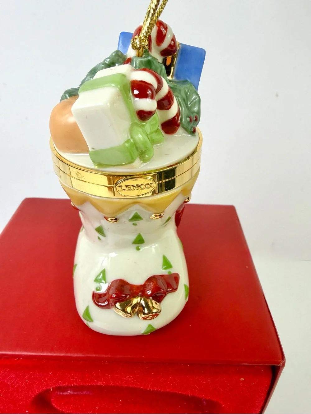 VTG Lenox Christmas Stocking Hinged Porcelain Trinket Box Ornament with/Box NOS